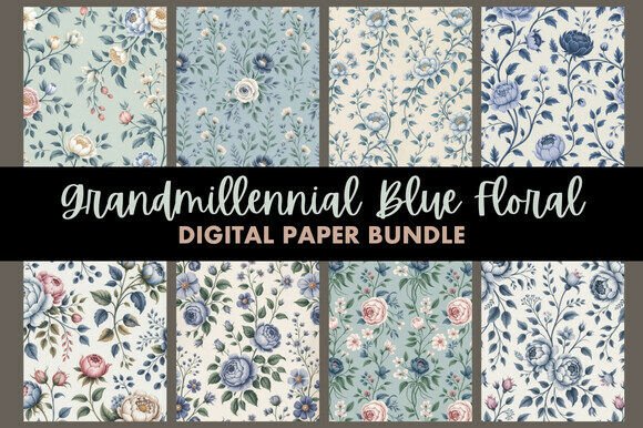 Download Grandmillennial Blue Floral Digital Pape - Floral Collection